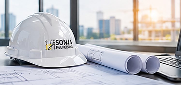 Sonja Engineering hard hat on design plans