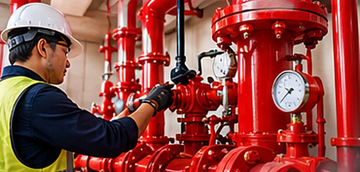 Technician inspecting a fire pump assembly