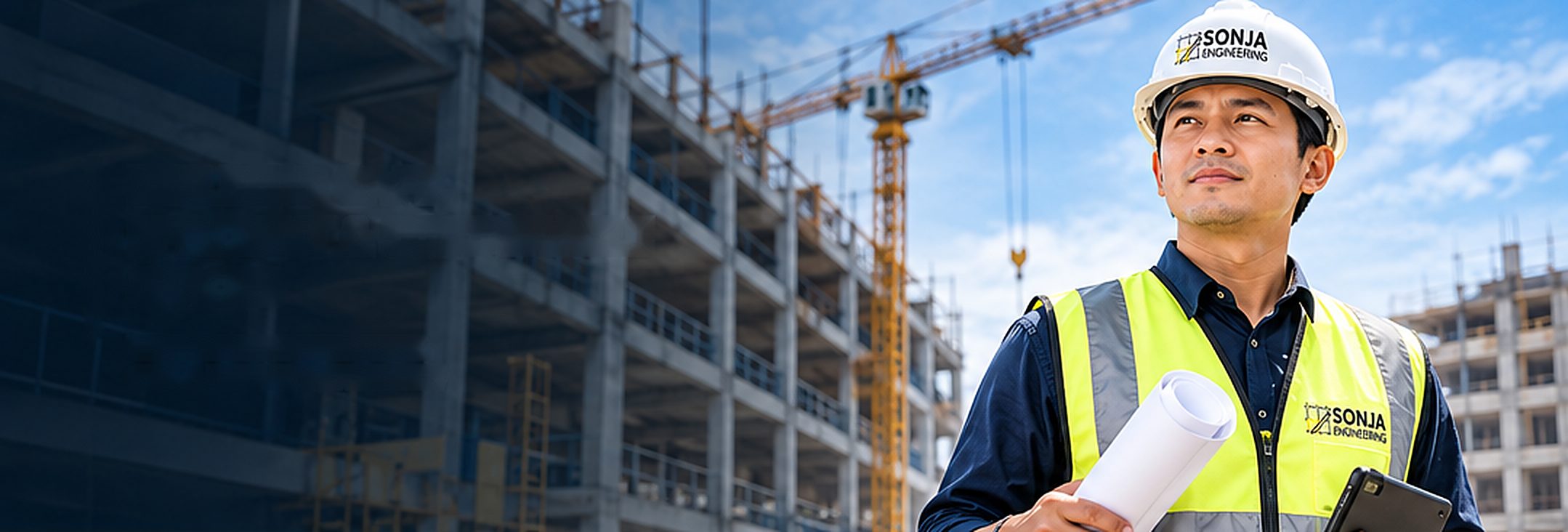 Sonja Engineering engineer on a construction site holding plans