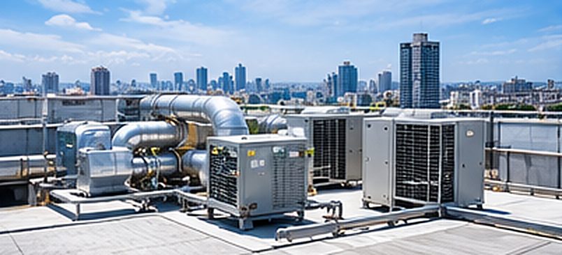 Rooftop HVAC units over a city skyline