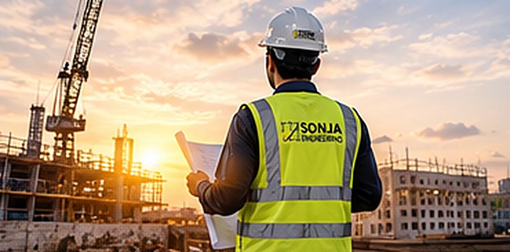 Engineer on site at sunset